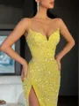 Sheath/Column V-Neck Sleeveless Sweep Train Velvet Sequins Twinkling Corset Evening Dress With Slit