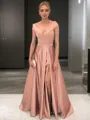 A-line Glam Off-the-Shoulder Sleeveless Floor-Length Satin Evening Dress With Slit