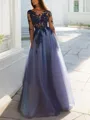 A-line Scoop Long Sleeves Unique Floor-Length Tulle Evening Dress With Applique