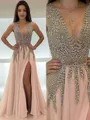 A-line V-Neck Sleeveless Sweep Train Charming Tulle Evening Dress With Slit