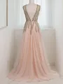A-line V-Neck Sleeveless Sweep Train Charming Tulle Evening Dress With Slit