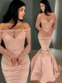 Trumpet/Mermaid Off-the-Shoulder Long Sleeves Sweep Train Satin Flair Evening Dress With Ruffles