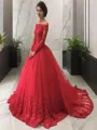 Glam Ball-Gown Off-the-Shoulder Long Sleeves Court Train Tulle Evening Dress With Lace