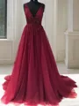 A-line Flattering V-Neck Sleeveless Sweep Train Tulle Evening Dress With Ruffles