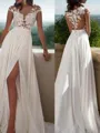 A-line Scoop Short Sleeves Elegant Sweep Train Chiffon Evening Dress With Slit