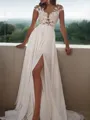 A-line Scoop Short Sleeves Elegant Sweep Train Chiffon Evening Dress With Slit