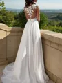 A-line Scoop Short Sleeves Elegant Sweep Train Chiffon Evening Dress With Slit