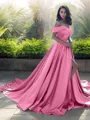 A-line Off-the-Shoulder Sleeveless Court Train Timeless Satin Evening Dress With Slit