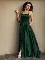 A-line Straps Sleeveless Sweep Train Silk like Satin Modest Evening Dress With Ruffles