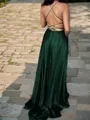 A-line Straps Sleeveless Sweep Train Silk like Satin Modest Evening Dress With Ruffles