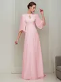 Chic A-line High Neck 1/2 Sleeves Sweep Train Chiffon Evening Dress With Beading