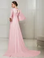 Chic A-line High Neck 1/2 Sleeves Sweep Train Chiffon Evening Dress With Beading
