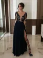 A-line Sheer Neck Long Sleeves Floor-Length Flowing Chiffon Evening Dress With Slit