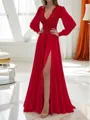 A-line V-Neck Long Sleeves Sweep Train Chiffon Feminine Evening Dress With Slit
