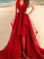 Beautiful A-line V-Neck Sleeveless Court Train Organza Evening Dress With Ruffles