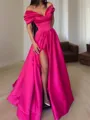 A-line Balanced Off-the-Shoulder Sleeveless Sweep Train Satin Evening Dress With Slit