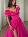 A-line Balanced Off-the-Shoulder Sleeveless Sweep Train Satin Evening Dress With Slit
