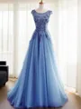 Ball-Gown Jewel Opulent Sleeveless Sweep Train Tulle Evening Dress With Applique