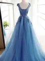 Ball-Gown Jewel Opulent Sleeveless Sweep Train Tulle Evening Dress With Applique