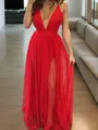 A-line Spaghetti Straps Sleeveless Chic Floor-Length Chiffon Evening Dress