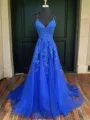 A-line V-Neck Sleeveless Sweep Train Charming Tulle Corset Evening Dress