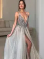 A-line Stunning V-Neck Sleeveless Sweep Train Tulle Evening Dress With Slit