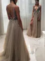 A-line Stunning V-Neck Sleeveless Sweep Train Tulle Evening Dress With Slit