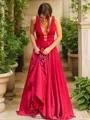A-line V-Neck Sleeveless Perfect Sweep Train Silk like Satin Evening Dress With Ruffles