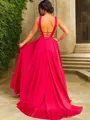 A-line V-Neck Sleeveless Perfect Sweep Train Silk like Satin Evening Dress With Ruffles