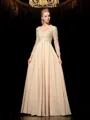 A-line V-Neck Long Sleeves Floor-Length Chiffon Fashion Evening Dress With Applique
