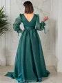 A-line V-Neck Long Sleeves Classy Sweep Train Organza Evening Dress