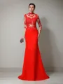Trumpet/Mermaid High Neck Long Sleeves Sweep Train Fitted Chiffon Evening Dress With Applique