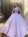 Ball-Gown V-Neck Short Sleeves Floor-Length Satin Romantic Evening Dress With Beading