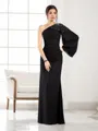 Sheath/Column One-Shoulder Trendy Long Sleeves Floor-Length Chiffon Evening Dress With Beading