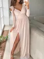 A-line Timeless V-Neck Long Sleeves Floor-Length Jersey Evening Dress With Slit