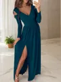 A-line Timeless V-Neck Long Sleeves Floor-Length Jersey Evening Dress With Slit
