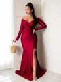 Sheath/Column Off-the-Shoulder Glam Long Sleeves Sweep Train Jersey Evening Dress With Slit