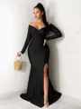 Sheath/Column Off-the-Shoulder Glam Long Sleeves Sweep Train Jersey Evening Dress With Slit