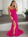 Shining Sheath/Column Strapless Sleeveless Sweep Train Velvet Sequins Corset Evening Dress With Slit