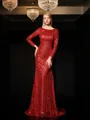 Sheath/Column Coruscating Scoop Long Sleeves Sweep Train Sequins Evening Dress With Sequin