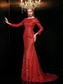 Sheath/Column Coruscating Scoop Long Sleeves Sweep Train Sequins Evening Dress With Sequin