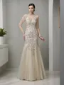 Sheath/Column High Neck Charming Long Sleeves Floor-Length Tulle Evening Dress With Applique