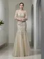 Sheath/Column High Neck Charming Long Sleeves Floor-Length Tulle Evening Dress With Applique