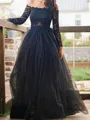 A-line Off-the-Shoulder Long Sleeves Chic Floor-Length Tulle Evening Dress With Lace