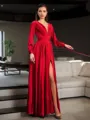 A-line V-Neck Long Sleeves Floor-Length Satin Chiffon Chic Evening Dress With Slit