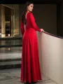 A-line V-Neck Long Sleeves Floor-Length Satin Chiffon Chic Evening Dress With Slit