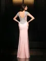 Stylish Sheath/Column Jewel Short Sleeves Floor-Length Satin Evening Dress With Beading