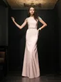 Stylish Sheath/Column Jewel Short Sleeves Floor-Length Satin Evening Dress With Beading