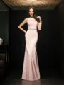 Stylish Sheath/Column Jewel Short Sleeves Floor-Length Satin Evening Dress With Beading