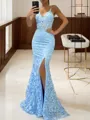 Sheath/Column V-Neck Straight-cut Sleeveless Sweep Train Lace Corset Evening Dress